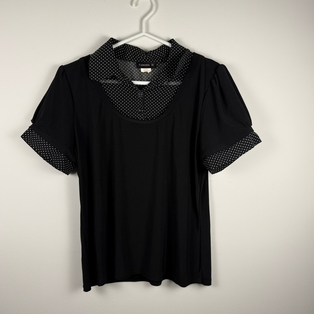 Tamara‎ H. Womens Black Polka Dot Layered Look Short Sleeve Blouse Top Canada